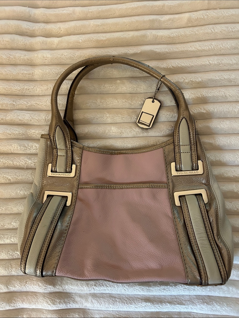 Tignanello Pink and Taupe Leather Shoulder Handbag